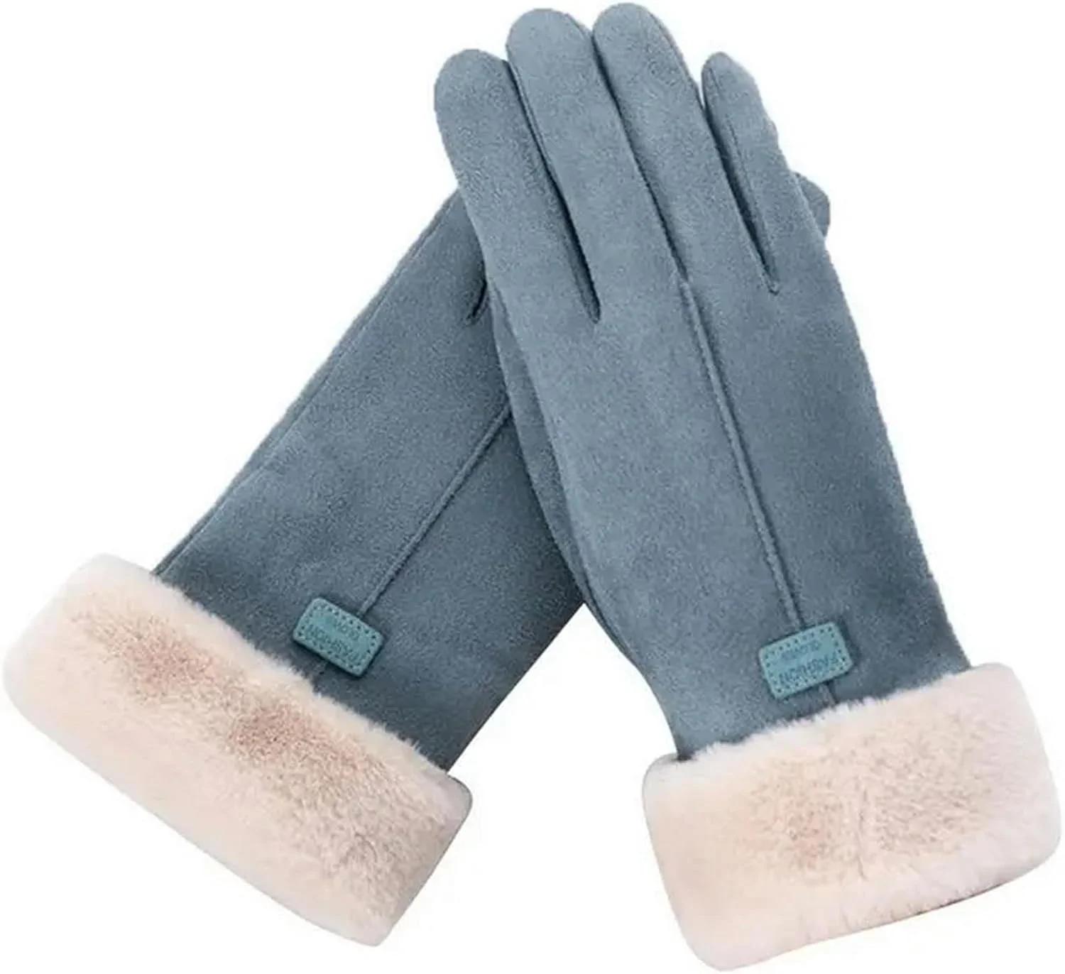 دستکش های XIBANY پاییز زمستان، دستکش های گرم و خزدار زیبا، دستکش های تمام انگشتی زنانه، دستکش های ورزشی زنانه در فضای باز، آبی، تک سایز