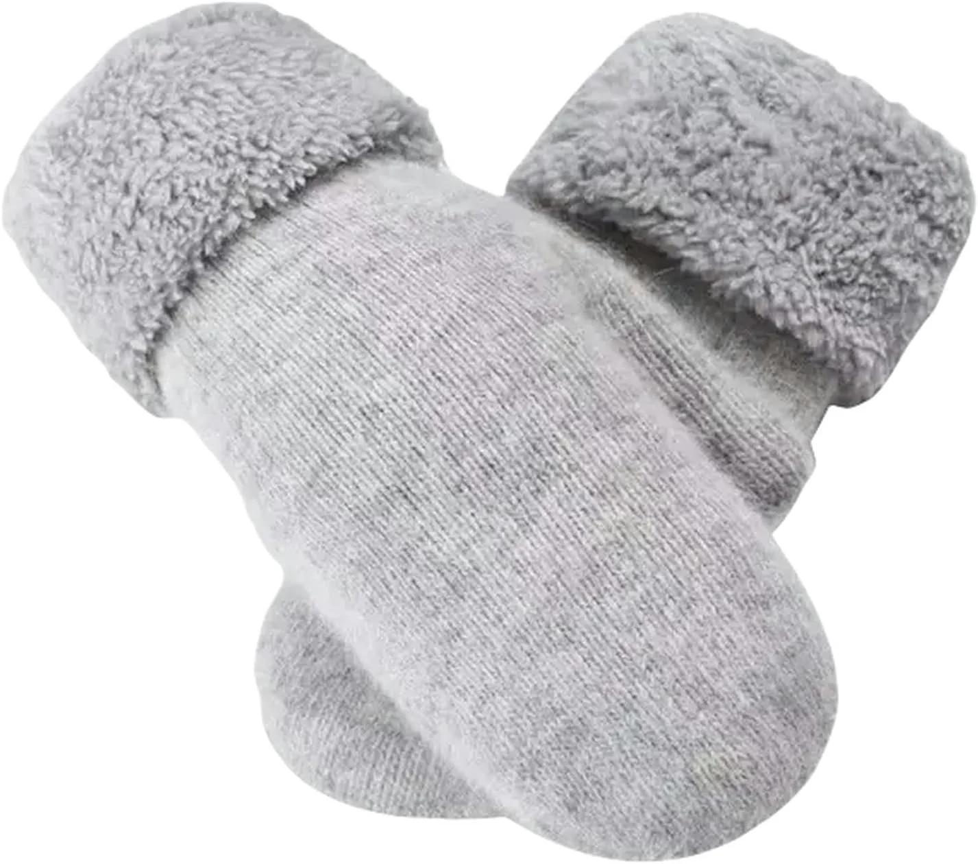 XIBANY Double-Layer Hair Gloves Female Plush Solid Color All Fingers Winter Women Soft Thicken Warm Mittens, C-light Grey, One size