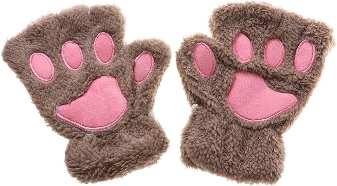 دستکش WDCXSDS، دستکش پنجه گربه خرسی پولیشی، دستکش های بدون انگشت بچه گربه ای ناز خز مصنوعی کرکی گرم زمستانی برای زنان