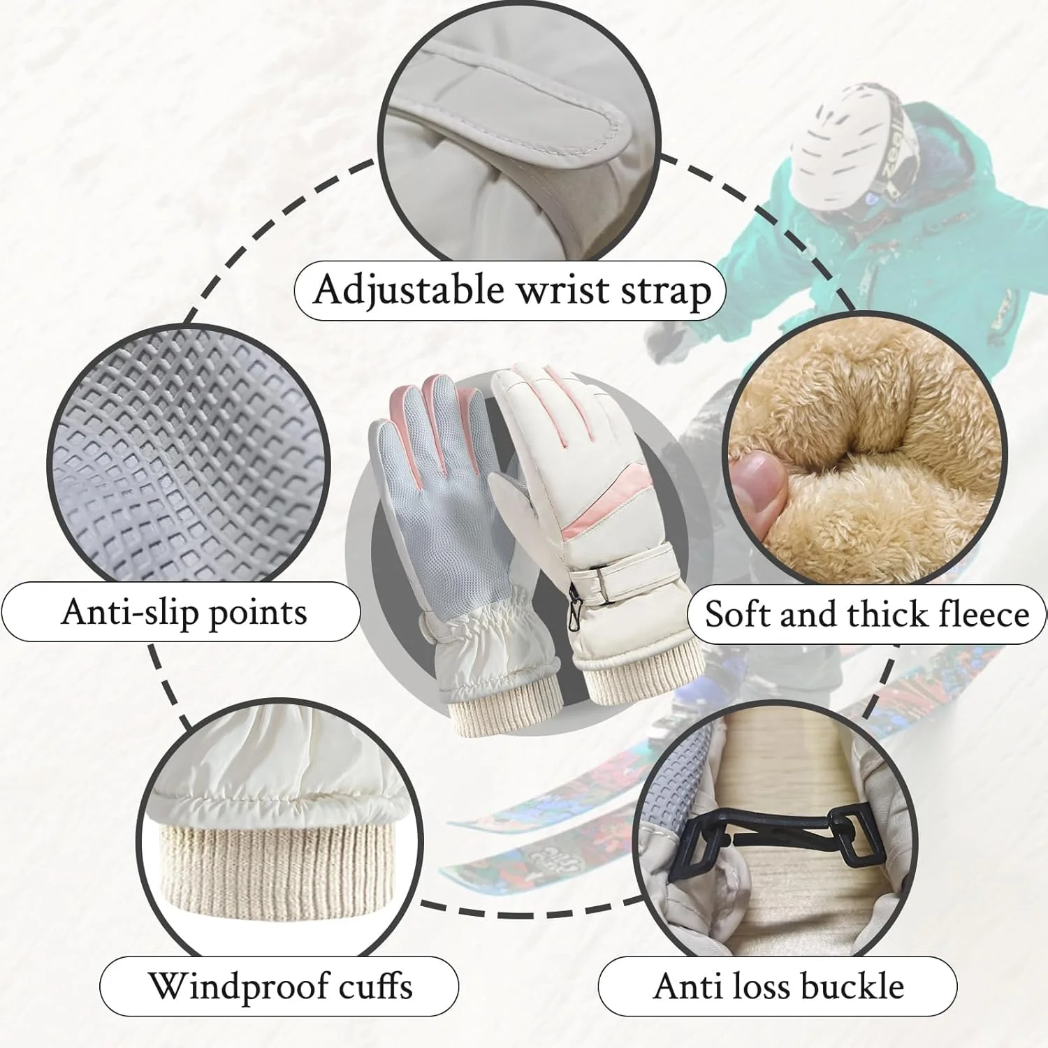 دستکش اسکی زنانه Uniiking®، دستکش های لمسی حرارتی ضد باد، دستکش زمستانی گرم ضد آب برای اسکی، دوچرخه سواری، ورزش های فضای باز، بژ