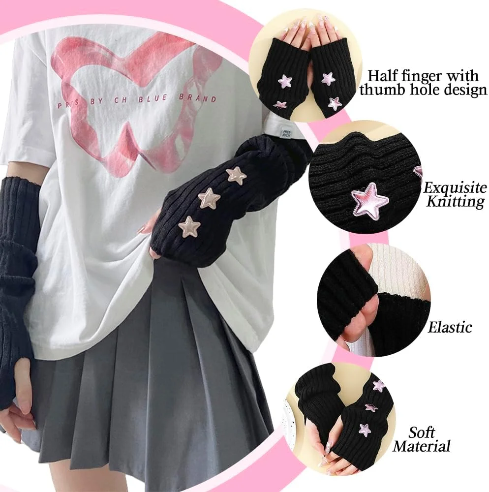 گرمکن دست Uniiking® برای زنان Y2K، گرمکن مچ دست بافتنی بدون انگشت، دستکش های سوراخ دار، لوازم جانبی گوت پانک هیپ هاپ، مشکی