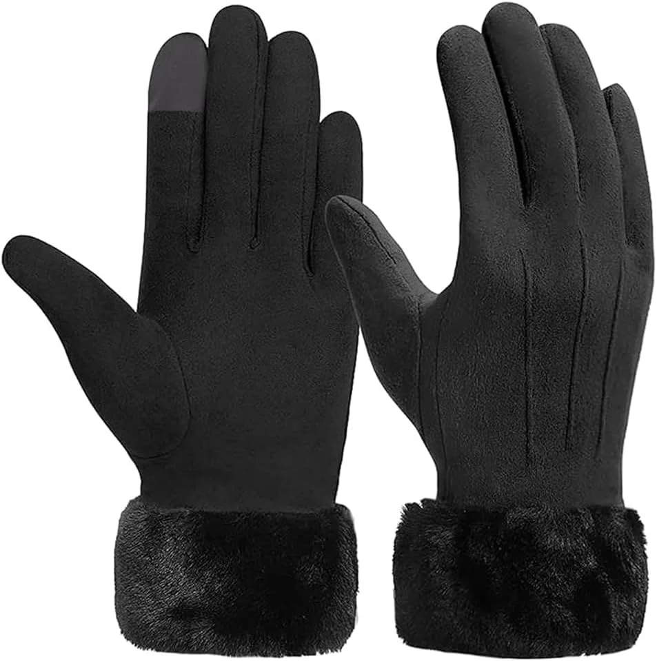 دستکش های زمستانی زنانه از جنس جیر، دستکش های خزدار با قابلیت لمس صفحه نمایش، دستکش های نرم و گرم با آستر پشمی، دستکش های گرم حرارتی ضد باد مناسب هوای سرد با قابلیت لمس صفحه نمایش، دستکش های حرارتی کشسان (مشکی)