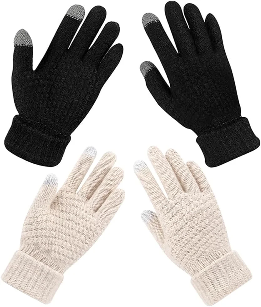 دستکش های زمستانی لمسی زنانه، دستکش های بافتنی پشمی گرم، دستکش های پیامکی زمستانی با سرآستین کشسان، دستکش های یک رنگ گرم و ضد باد، دستکش های پشمی بافتنی صفحه لمسی گرم برای هوای سرد (2 جفت)
