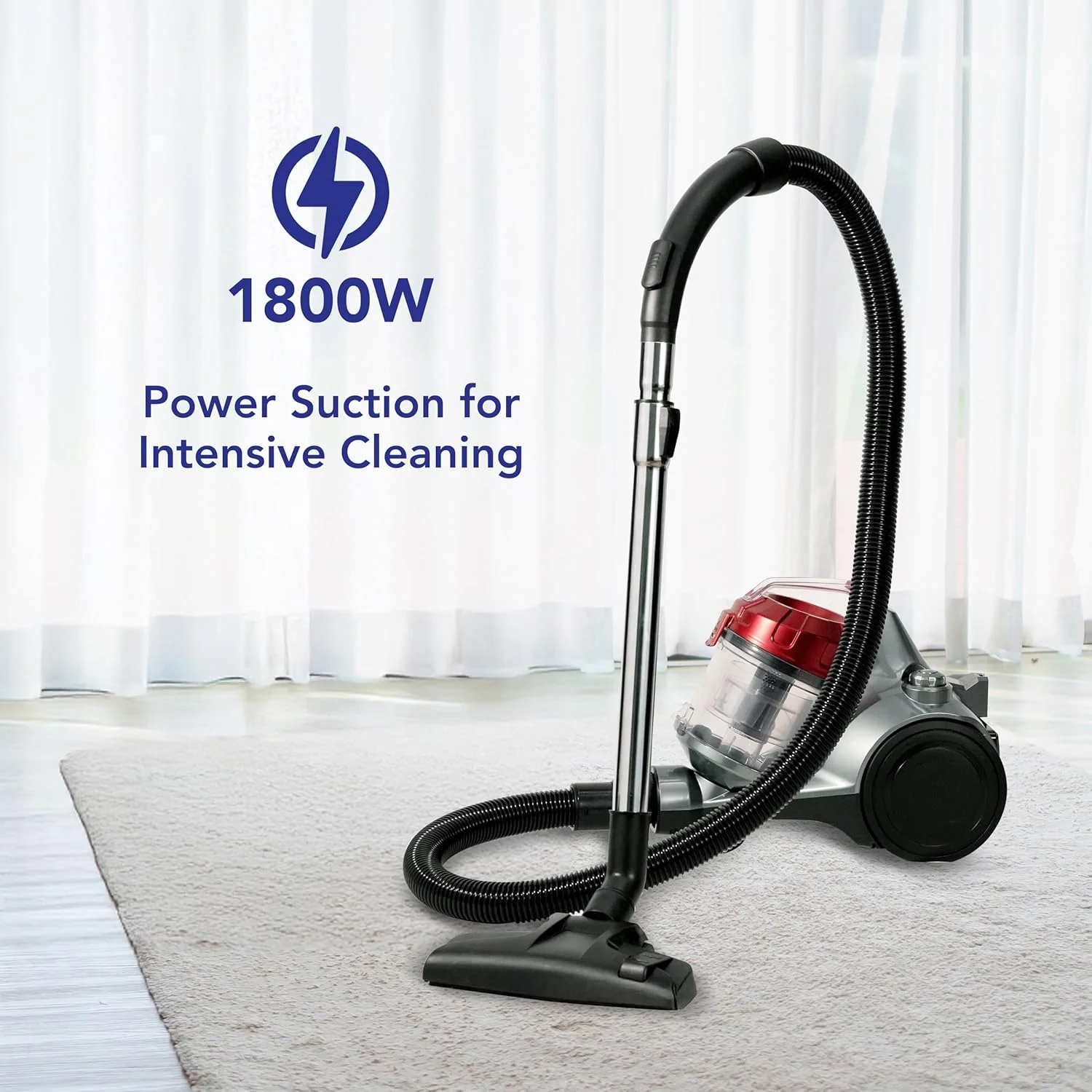 جاروبرقی بدون کیسه سوپر جنرال مدل SGVC1800، مکش قدرتمند 1800 وات، مخزن گرد و غبار 2.5 لیتری، فیلتر قابل شستشو، سیم 5 متری با جمع کن خودکار، طراحی سبک و جمع و جور، قرمز و مشکی