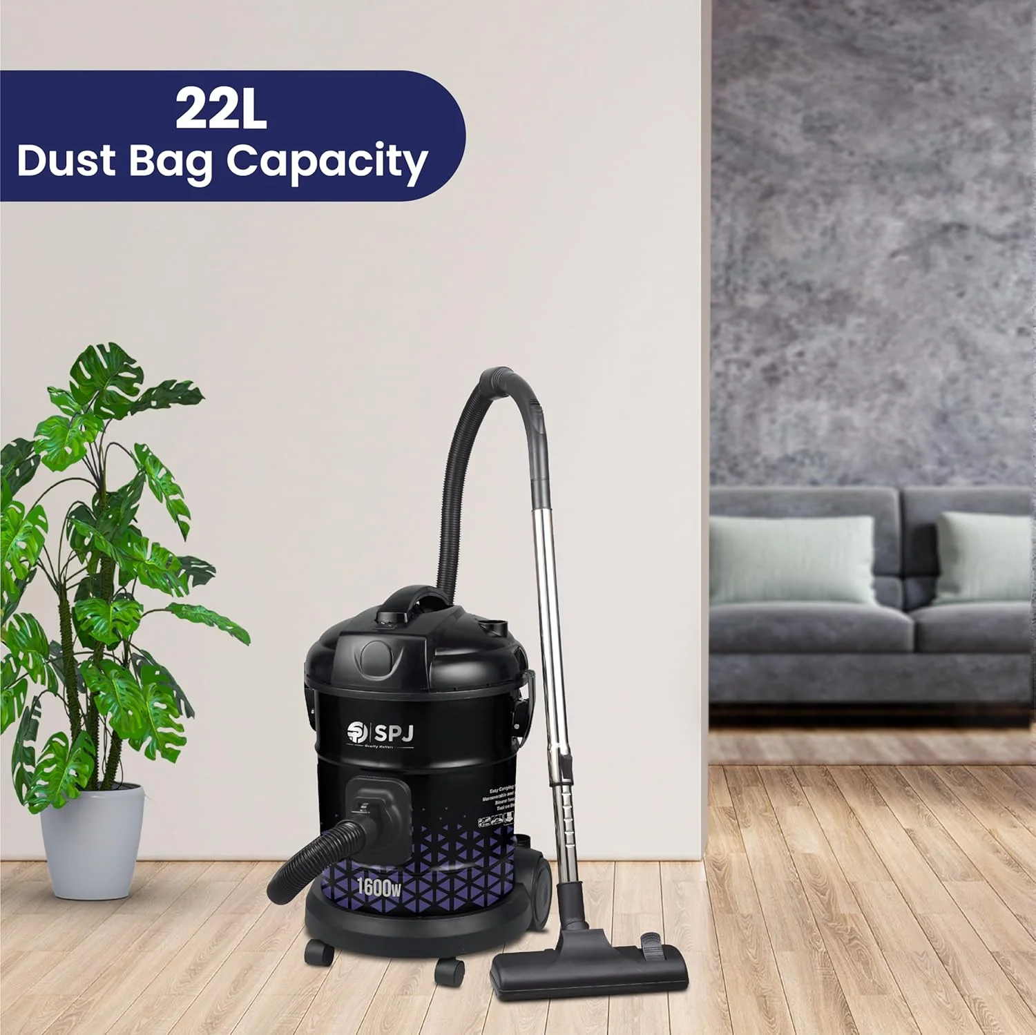 جاروبرقی سطلی 1600 وات SPJ با ظرفیت 22 لیتر | موتور 100% مسی قدرتمند، نشانگر پر بودن مخزن گرد و غبار، نازل با قابلیت پارک آسان، طراحی بادوام مخزن برای تمیز کردن عمیق منزل و محل کار - مشکی