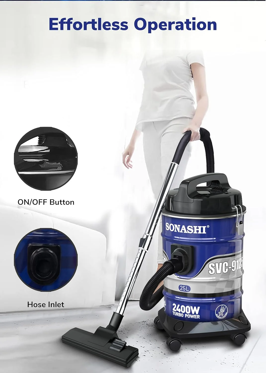 جاروبرقی سطلی سوناشی با ظرفیت 25 لیتری | مکش قوی با صدای کم | فیلتراسیون چند مرحله ای با نشانگر پر بودن مخزن | دارای چرخ برای استفاده آسان | مناسب برای خانه و دفاتر SVC-9125D آبی 2400 وات