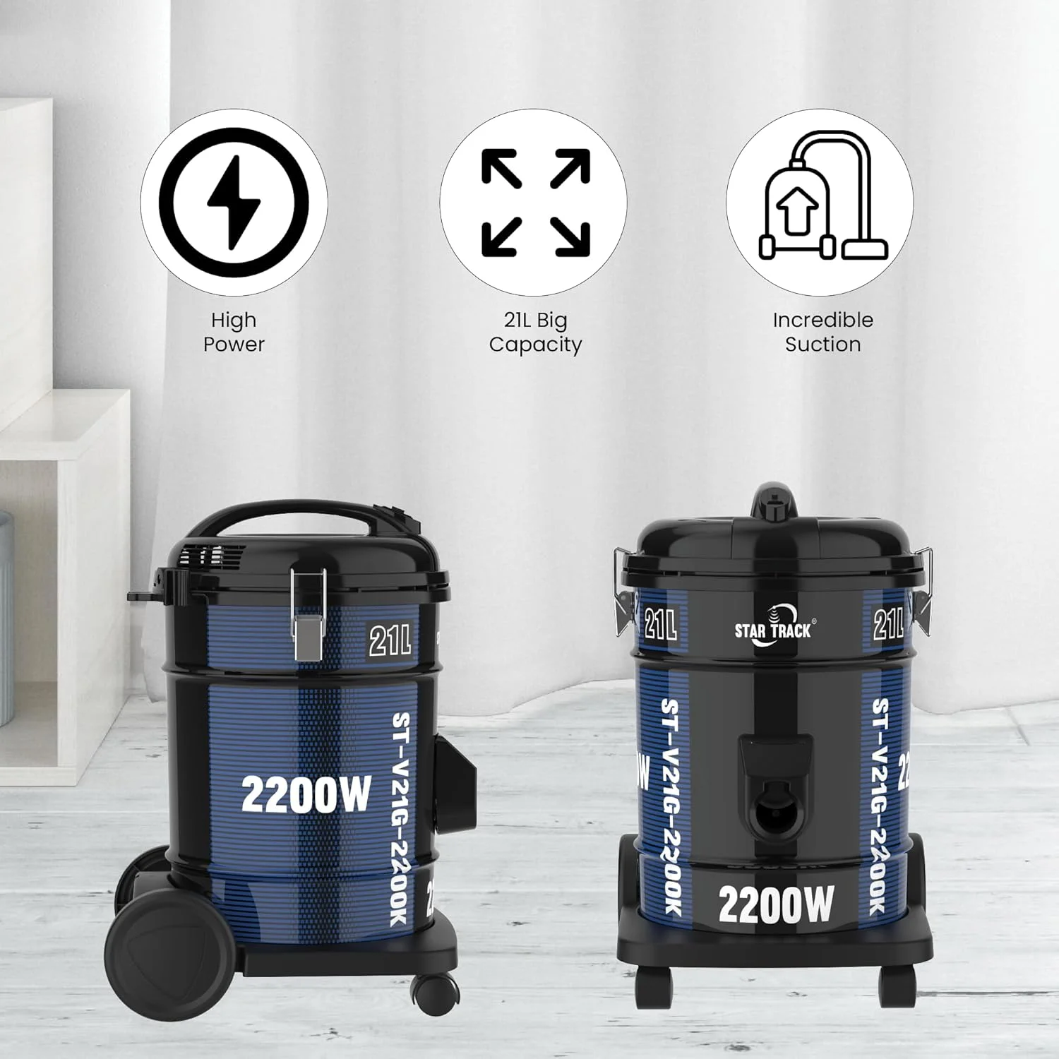 جاروبرقی 2200 وات استار ترک، مخزن 21 لیتری، قدرت مکش و دمندگی بالا، برس مخصوص سطوح، مناسب برای منزل و محل کار، کابل 7 متری، لوله تلسکوپی، موتور 100% مسی برای تمیزکاری قدرتمند و کارآمد