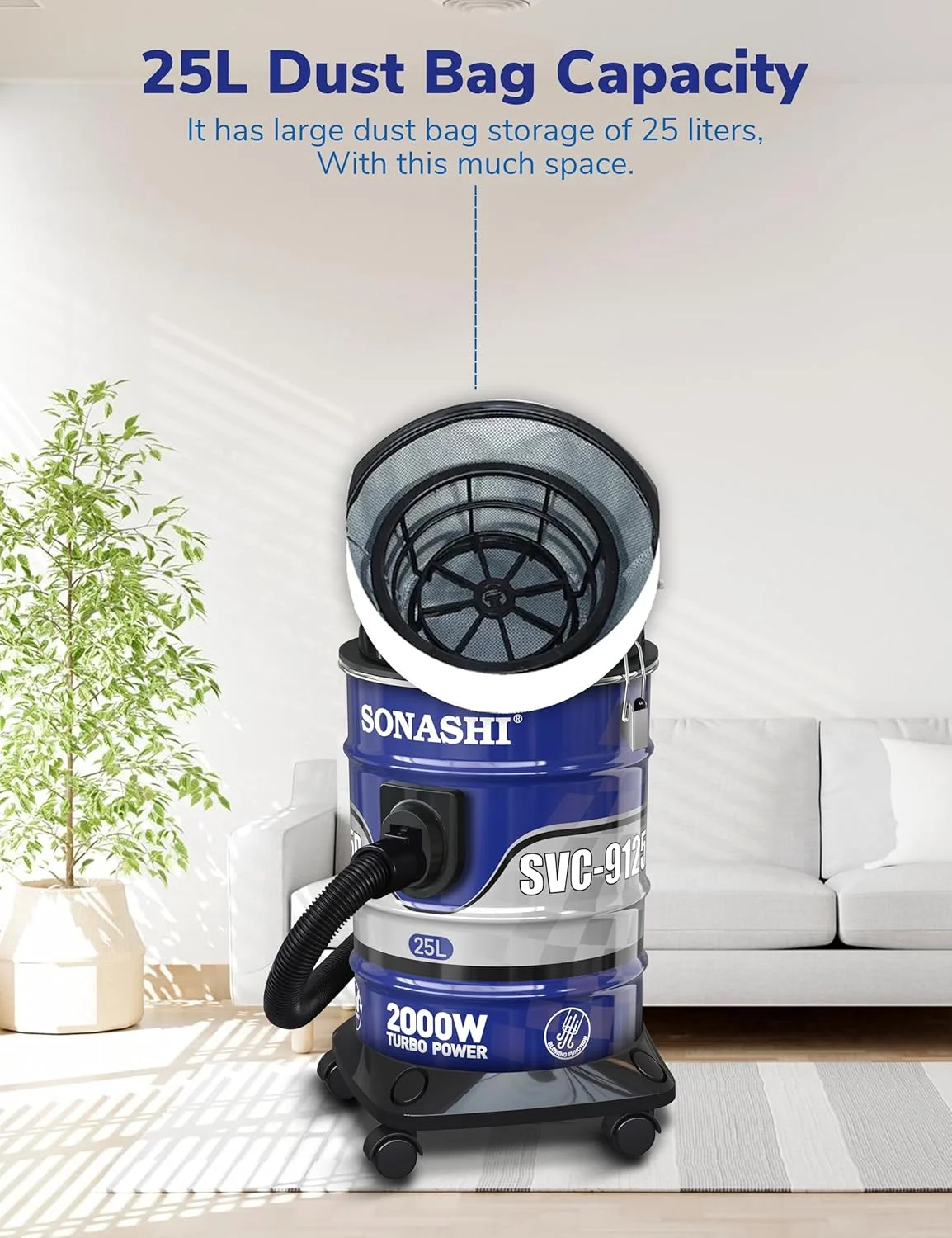 جاروبرقی سطلی سوناشی با ظرفیت 25 لیتری | مکش قوی با صدای کم | فیلتراسیون چند مرحله ای با نشانگر پر بودن مخزن | دارای چرخ برای استفاده آسان | مناسب برای خانه و دفاتر SVC-9125D آبی 2400 وات