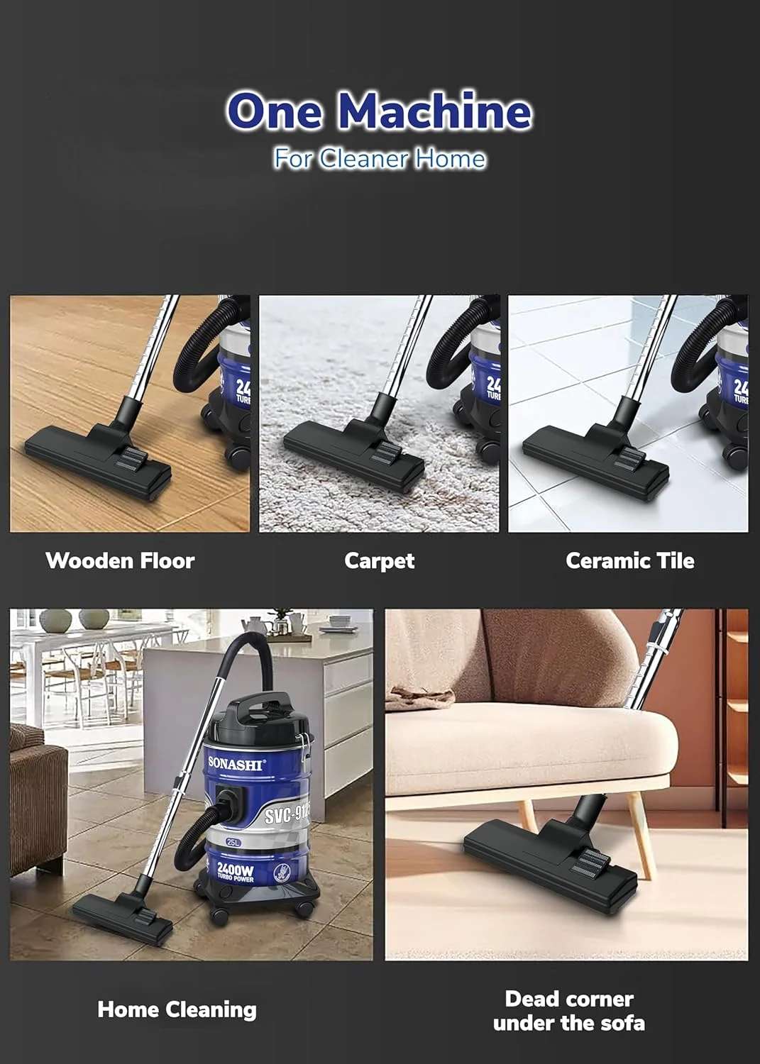 جاروبرقی سطلی سوناشی با ظرفیت 25 لیتری | مکش قوی با صدای کم | فیلتراسیون چند مرحله ای با نشانگر پر بودن مخزن | دارای چرخ برای استفاده آسان | مناسب برای خانه و دفاتر SVC-9125D آبی 2400 وات