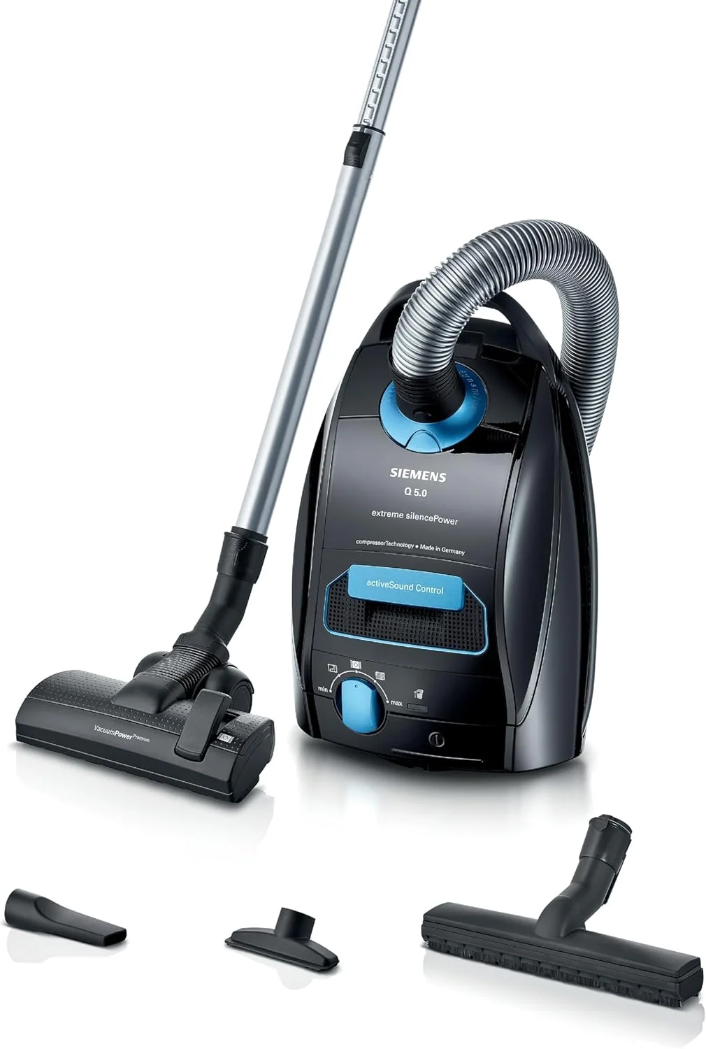 جاروبرقی کیسه ای زیمنس Q5.0 Extreme SilencePower VSQ5X1232، مناسب برای افراد مبتلا به آلرژی، فیلتر بهداشتی، قدرت مکش قوی روی پارکت، فرش و کاشی، کابل بلند، ساخت آلمان، 850 وات، مشکی