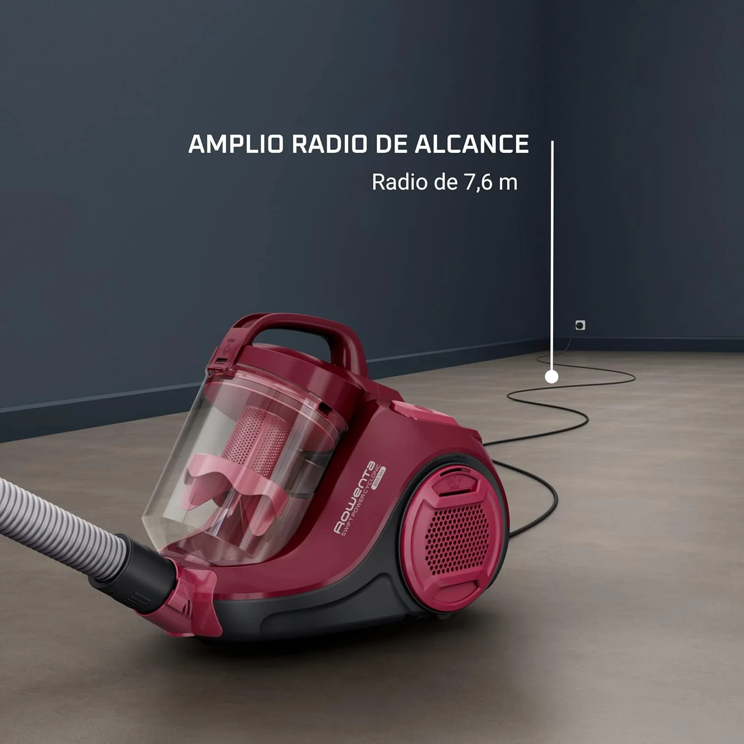 جاروبرقی سایکلونیک روونتا مدل Swift Power، ظرفیت 1.2 لیتر، عملکرد بالا، موتور کم مصرف، جمع و جور، برس مخصوص پارکت RO2933EA، رنگ بورگوندی
