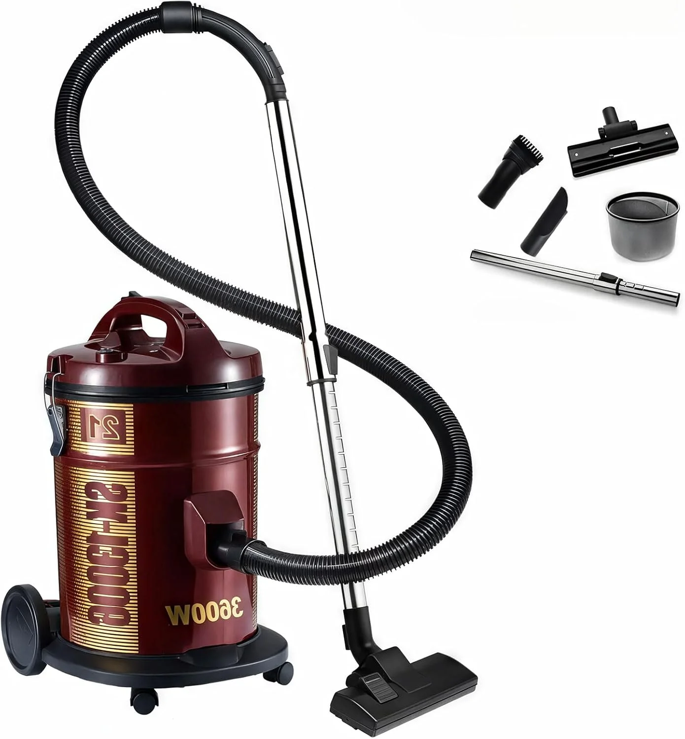 جاروبرقی سطلی قدرتمند 3600 وات، مخزن 21 لیتری با ابزارهای متعدد برای مصارف خانگی، شامل برس شکاف و نازل فرش، مانور آسان روی چرخ ها