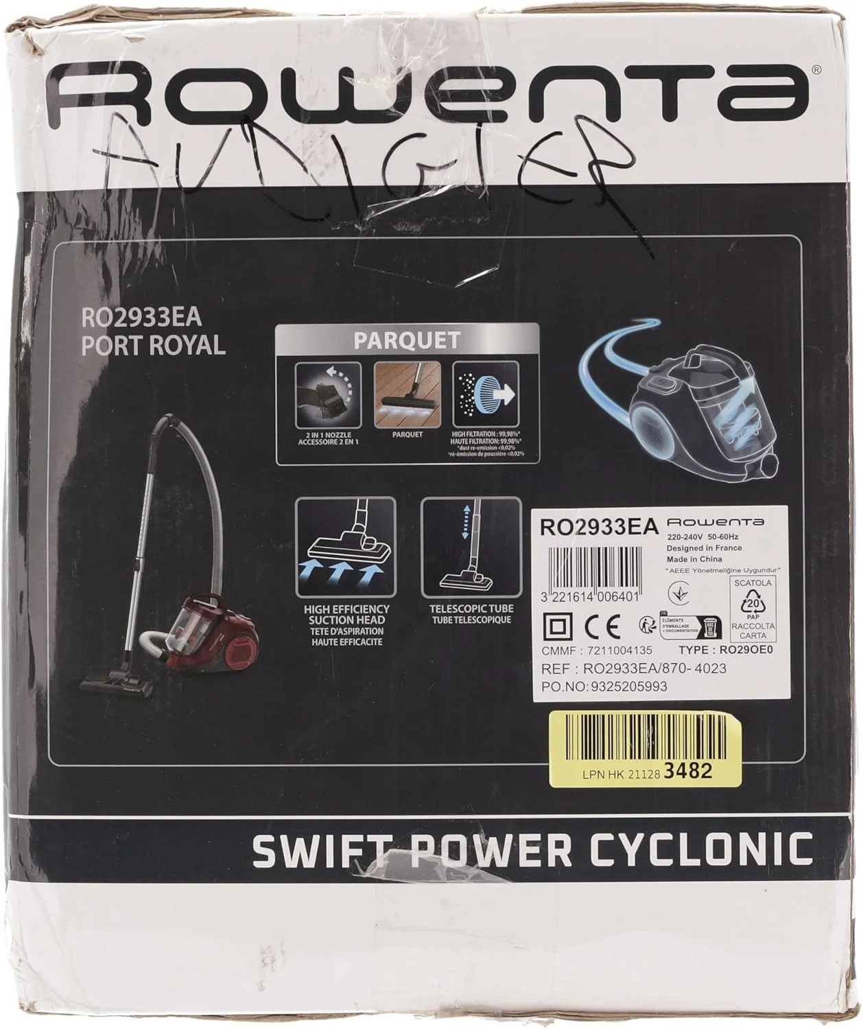 جاروبرقی سایکلونیک روونتا مدل Swift Power، ظرفیت 1.2 لیتر، عملکرد بالا، موتور کم مصرف، جمع و جور، برس مخصوص پارکت RO2933EA، رنگ بورگوندی