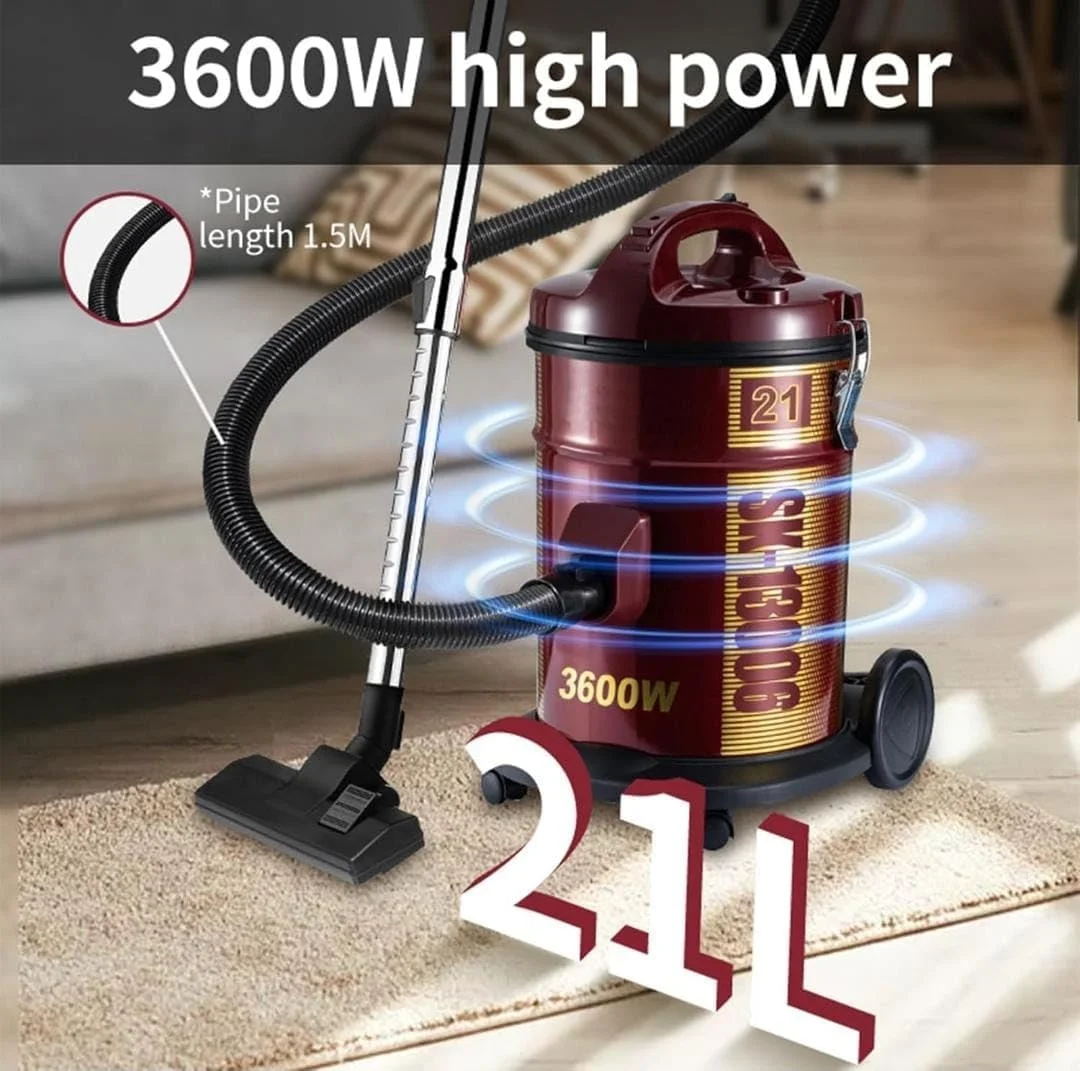 جاروبرقی سطلی، تمیز کردن قدرتمند فرش و کف، ظرفیت مخزن 21 لیتری، سیم برق فوق العاده بلند، فیلتر قابل جابجایی و شستشو با سر برس، نازل فرش-کف، ایده آل برای خانه، دفتر و مسجد