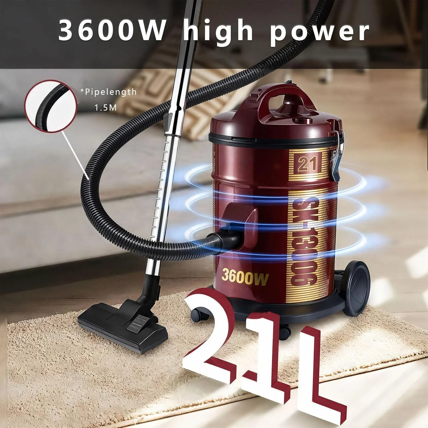 جاروبرقی سطلی قدرتمند 3600 وات، مخزن 21 لیتری با ابزارهای متعدد برای مصارف خانگی، شامل برس شکاف و نازل فرش، مانور آسان روی چرخ ها جاروبرقی سطلی قدرتمند 3600 وات، مخزن 21 لیتری با ابزارهای متعدد برای مصارف خانگی، شامل برس شکاف و نازل فرش، مانور آسان روی چرخ ها