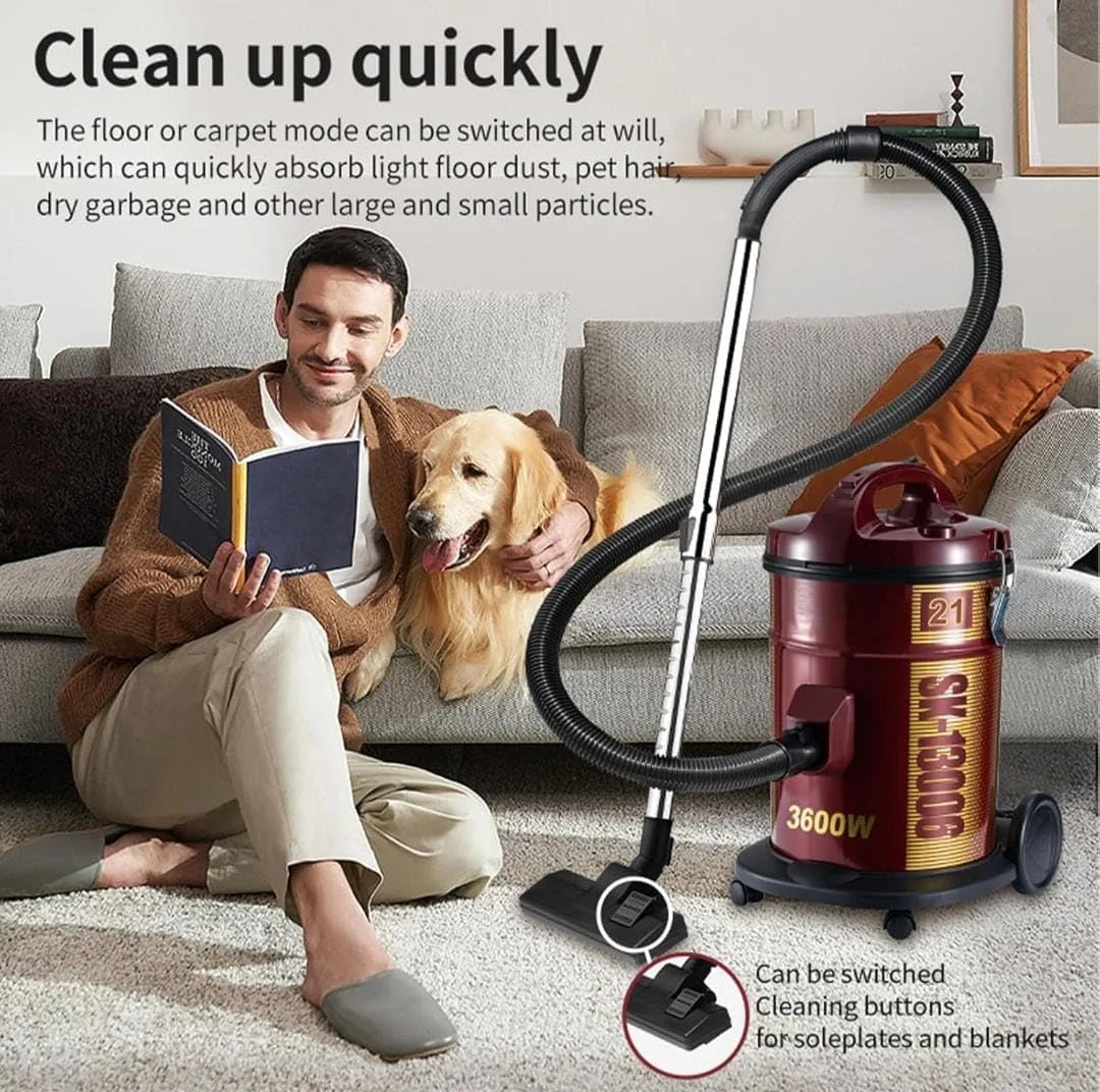 جاروبرقی سطلی، تمیز کردن قدرتمند فرش و کف، ظرفیت مخزن 21 لیتری، سیم برق فوق العاده بلند، فیلتر قابل جابجایی و شستشو با سر برس، نازل فرش-کف، ایده آل برای خانه، دفتر و مسجد