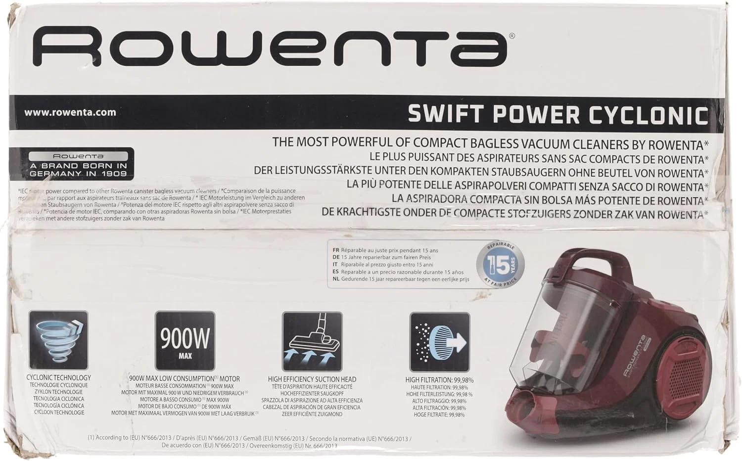 جاروبرقی سایکلونیک روونتا مدل Swift Power، ظرفیت 1.2 لیتر، عملکرد بالا، موتور کم مصرف، جمع و جور، برس مخصوص پارکت RO2933EA، رنگ بورگوندی