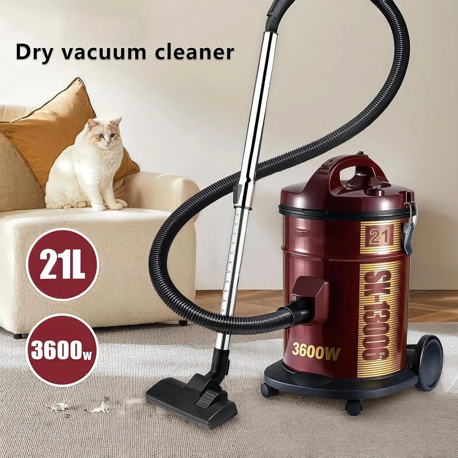 جاروبرقی سطلی قدرتمند 3600 وات، مخزن 21 لیتری با ابزارهای متعدد برای مصارف خانگی، شامل برس شکاف و نازل فرش، مانور آسان روی چرخ ها جاروبرقی سطلی قدرتمند 3600 وات، مخزن 21 لیتری با ابزارهای متعدد برای مصارف خانگی، شامل برس شکاف و نازل فرش، مانور آسان روی چرخ ها