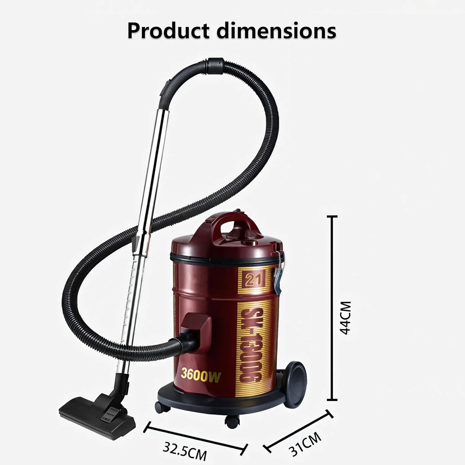 جاروبرقی سطلی قدرتمند 3600 وات، مخزن 21 لیتری با ابزارهای متعدد برای مصارف خانگی، شامل برس شکاف و نازل فرش، مانور آسان روی چرخ ها جاروبرقی سطلی قدرتمند 3600 وات، مخزن 21 لیتری با ابزارهای متعدد برای مصارف خانگی، شامل برس شکاف و نازل فرش، مانور آسان روی چرخ ها