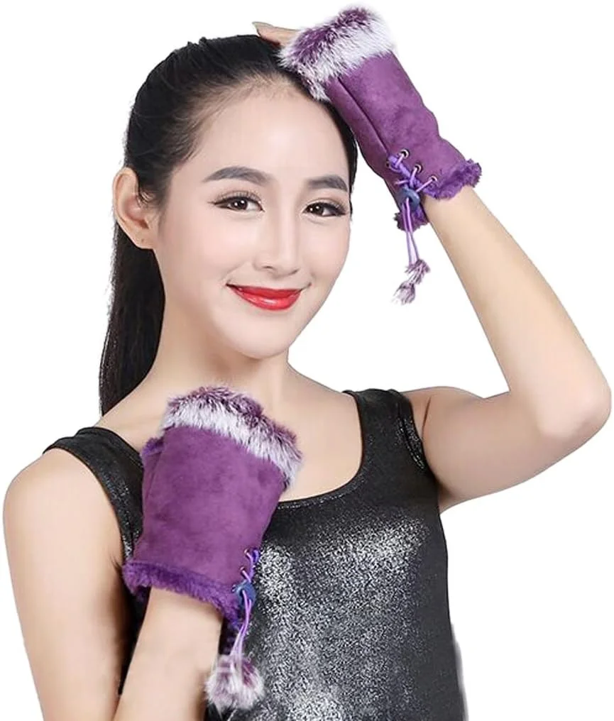 دستکش های بدون انگشت زنانه دخترانه دستکش های زمستانی ضخیم جیر با بند الاستیک تزیین کرکی دستکش های نرم نیمه انگشتی قابل تنظیم پوشاک مچ دست برای دوچرخه سواری/اسکی ورزش در فضای باز دستکش های بدون انگشت زنانه دخترانه دستکش های زمستانی ضخیم جیر با بند الاستیک تزیین کرکی دستکش های نرم نیمه انگشتی قابل تنظیم پوشاک مچ دست برای دوچرخه سواری/اسکی ورزش در فضای باز