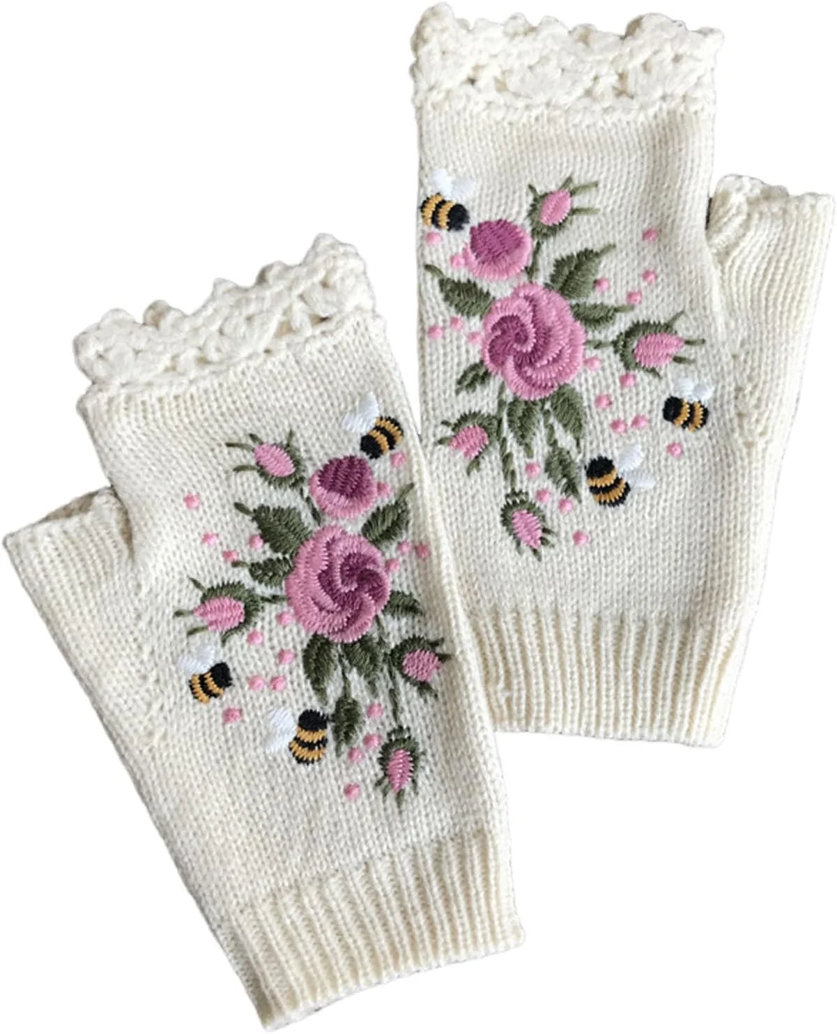 دستکش های گلدوزی شده Excefore - 1 جفت دستکش زمستانی گرم بافتنی بدون انگشت زنانه طرح گل، سفید دستکش های گلدوزی شده Excefore - 1 جفت دستکش زمستانی گرم بافتنی بدون انگشت زنانه طرح گل، سفید