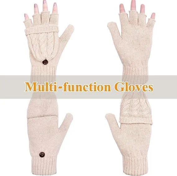 دستکش زمستانی زنانه، دستکش زنانه مد روز، دستکش های بافتنی گرم بدون انگشت تبدیل شونده برای هدیه دادن به زنان با روکش دستکش، بژ دستکش زمستانی زنانه، دستکش زنانه مد روز، دستکش های بافتنی گرم بدون انگشت تبدیل شونده برای هدیه دادن به زنان با روکش دستکش، بژ