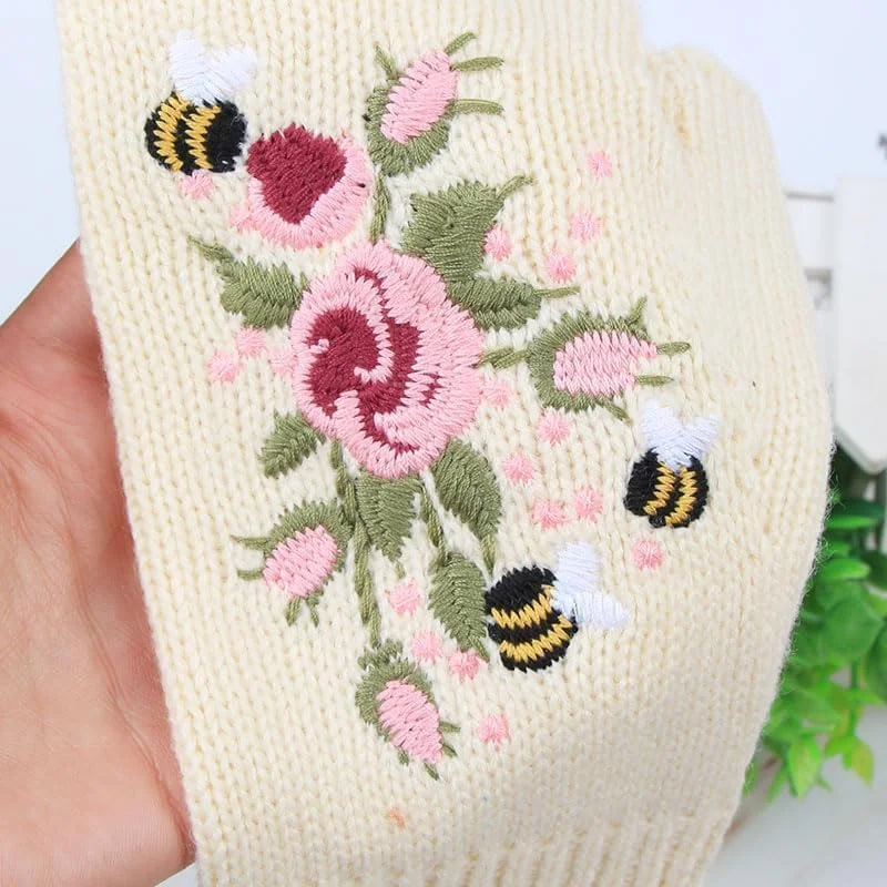 دستکش های گلدوزی شده Excefore - 1 جفت دستکش زمستانی گرم بافتنی بدون انگشت زنانه طرح گل، سفید دستکش های گلدوزی شده Excefore - 1 جفت دستکش زمستانی گرم بافتنی بدون انگشت زنانه طرح گل، سفید