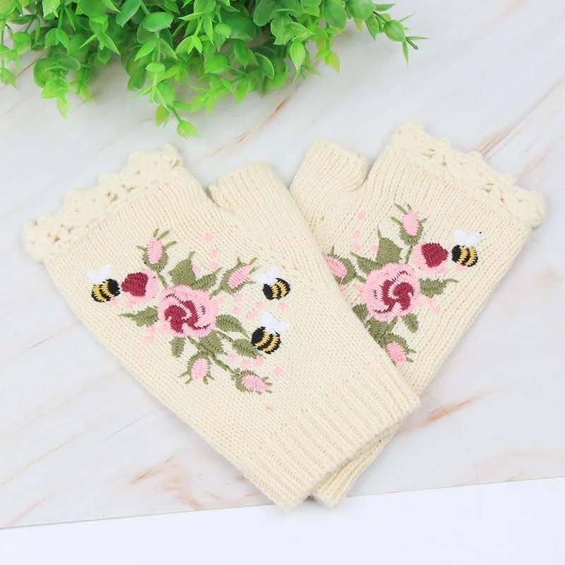 دستکش های گلدوزی شده Excefore - 1 جفت دستکش زمستانی گرم بافتنی بدون انگشت زنانه طرح گل، سفید دستکش های گلدوزی شده Excefore - 1 جفت دستکش زمستانی گرم بافتنی بدون انگشت زنانه طرح گل، سفید