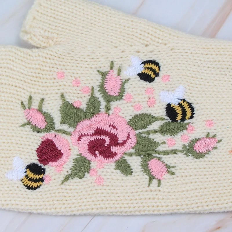 دستکش های گلدوزی شده Excefore - 1 جفت دستکش زمستانی گرم بافتنی بدون انگشت زنانه طرح گل، سفید دستکش های گلدوزی شده Excefore - 1 جفت دستکش زمستانی گرم بافتنی بدون انگشت زنانه طرح گل، سفید