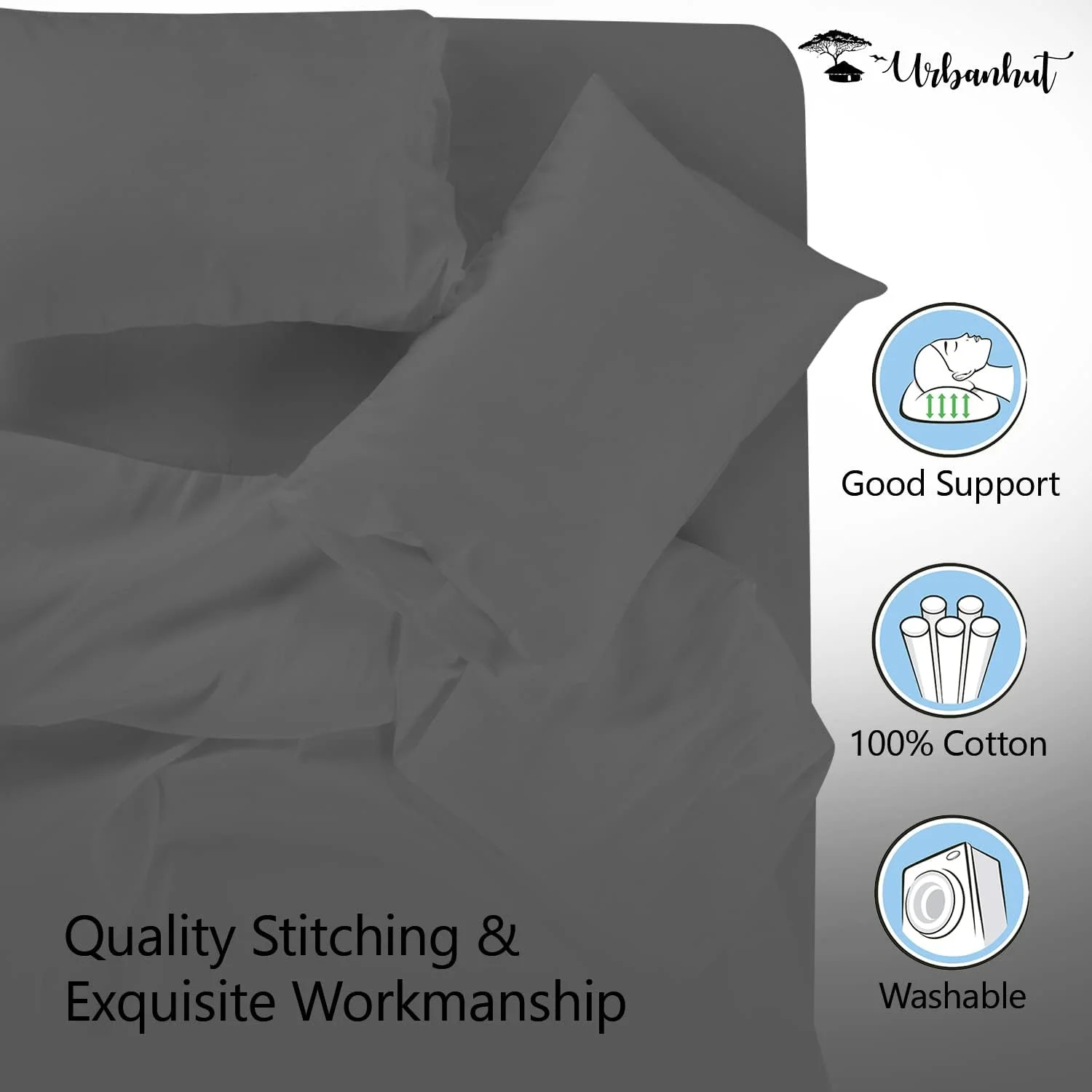 روبالشی های نرم و لطیف URBANHUT، سایز کویین، خاکستری تیره، 100% پنبه مصری، تراکم 700، ابعاد 50x75 سانتی متر، ست 2 عددی، با کیفیت عالی مناسب هتل