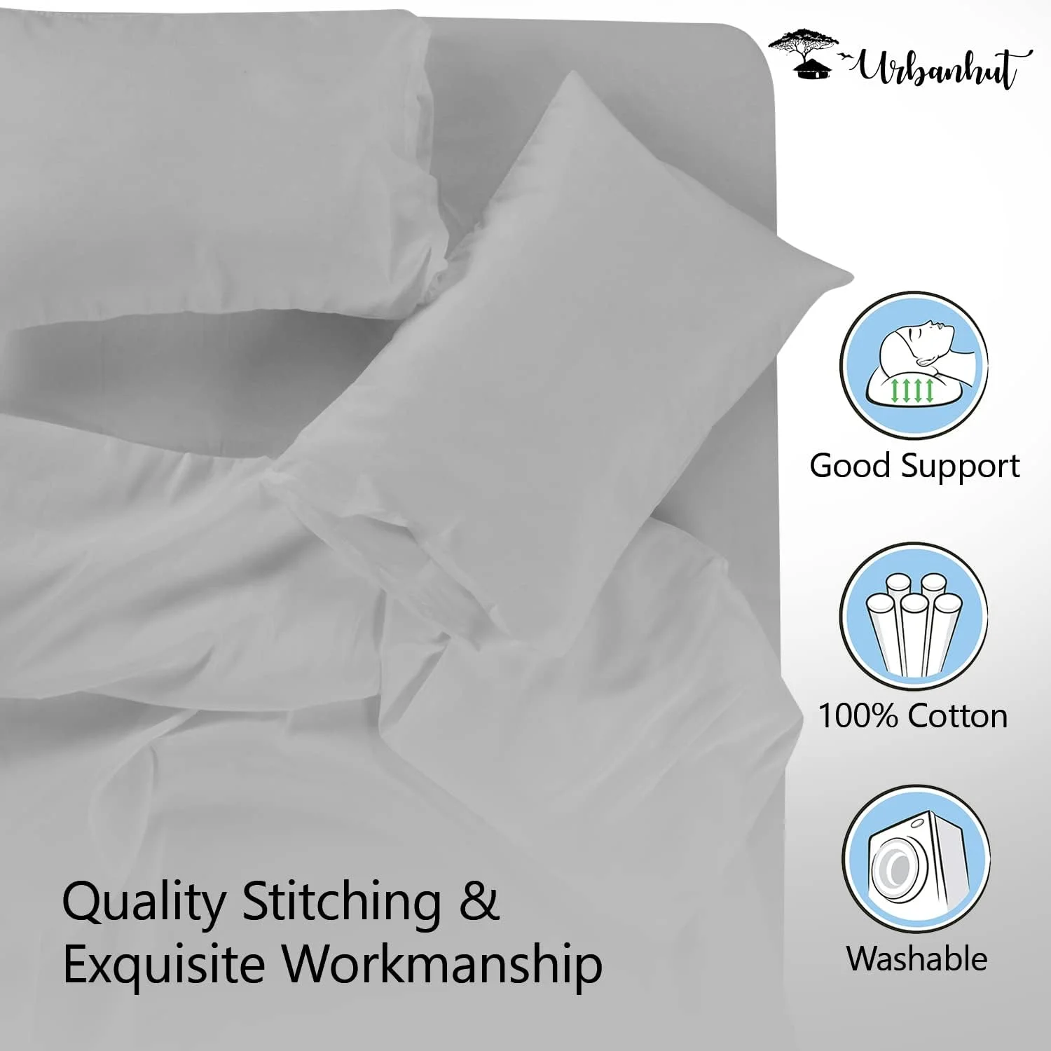 روبالشی های 100% پنبه ای URBANHUT، سایز کویین با تراکم 800، روبالشی های فوق العاده نرم، سایز 50X75 سانتی متر، ست 2 عددی، با کیفیت عالی هتل، روبالشی های خنک کننده ممتاز، خاکستری نقره ای