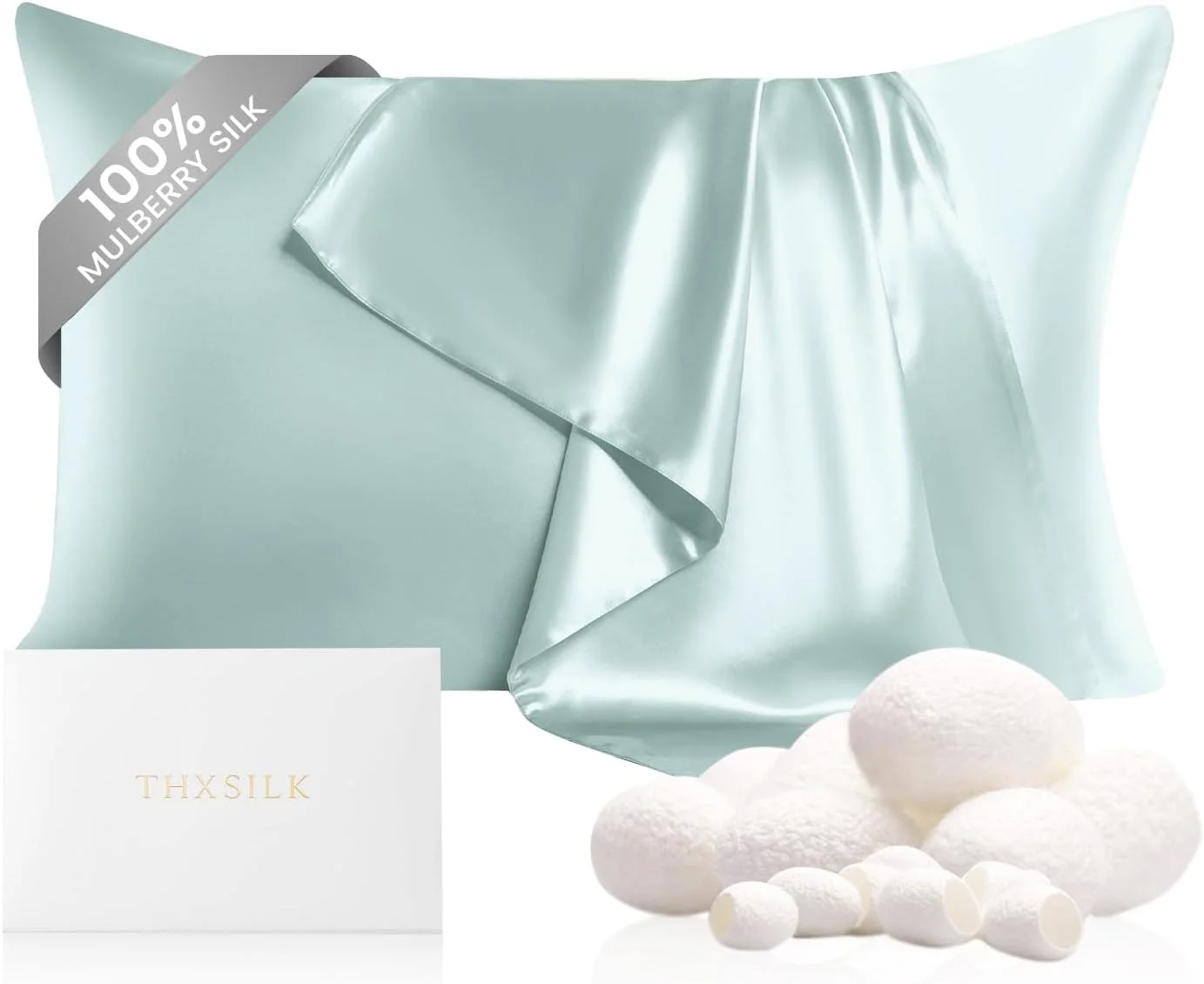 روبالشتی ابریشم خالص توت THXSILK، مناسب برای سلامت مو و پوست، 22 Momme نرم و لطیف با زیپ مخفی، هر دو طرف ابریشم درجه ممتاز 6A+، 1 عدد (استاندارد 50x66 سانتی متر، آبی روشن)