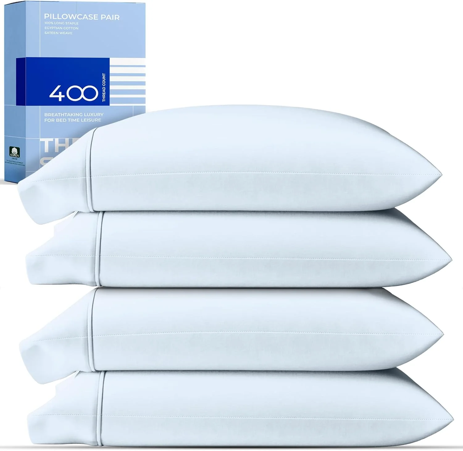 روبالشی های نخی %۱۰۰ THREAD SPREAD، سایز استاندارد/کویین، ست ۴ عددی، ۴۰۰ نخ، روبالشی های نخی فوق العاده نرم با بافت ساتن خنک برای خواب، ست ۴ عددی روکش بالش (آبی روشن)