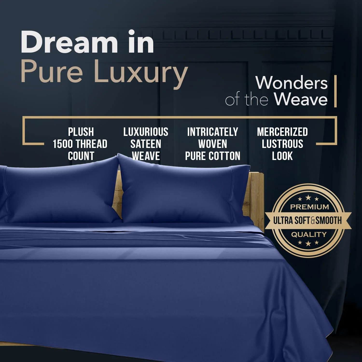 رو بالشی های 100% پنبه مصری تگزاس لینن، سایز استاندارد/کویین، ست 2 عددی - رو بالشی های لوکس ساتن با تراکم 1500، سرمه ای، رو بالشی های پنبه ای نرم و ابریشمی مناسب برای بالشت های استاندارد و کویین