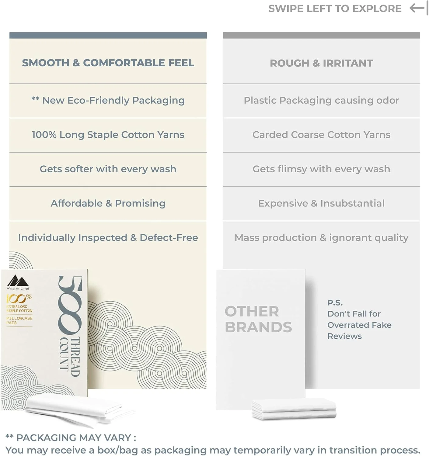 ست 2 عددی روبالشی کویین/استاندارد با تراکم 500 از جنس پنبه - روکش بالشت خنک کننده طبیعی خالص برای خواب، کیفیت مشابه پنبه مصری، روبالشی های نرم و ابریشمی با بافت ساتن، سفید