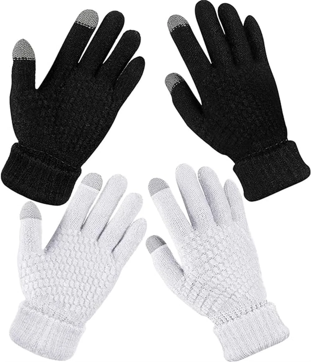 Azonee Women Winter Gloves 2 Pairs Women's Winter Touch Screen Gloves Warm Fleece Lined Knit Gloves Elastic Cuff Winter Texting Gloves Black and White, M
