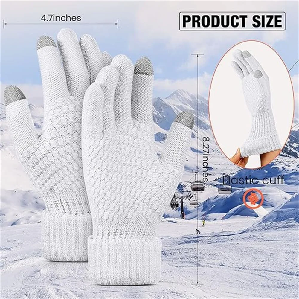 Azonee Women Winter Gloves 2 Pairs Women's Winter Touch Screen Gloves Warm Fleece Lined Knit Gloves Elastic Cuff Winter Texting Gloves Black and White, M