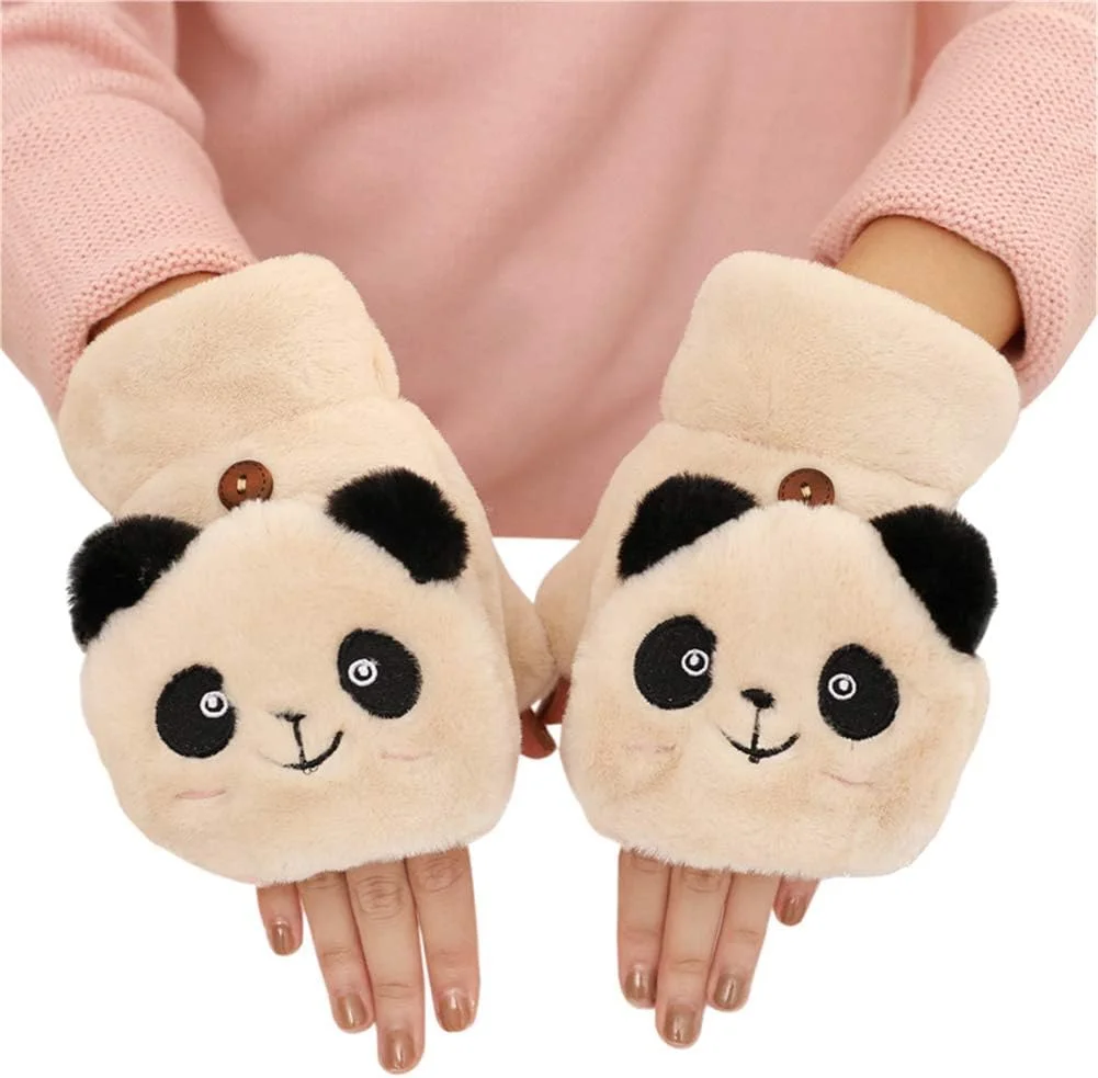ایمیلی دستکش های زمستانی گرم کننده طرح حیوانات کارتونی زیبا با پوشش تاشو بدون انگشت نرم و گرم زنانه، پاندا قهوه ای، سایز One size