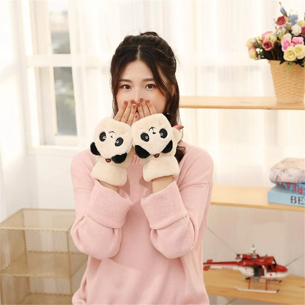 ایمیلی دستکش های زمستانی گرم کننده طرح حیوانات کارتونی زیبا با پوشش تاشو بدون انگشت نرم و گرم زنانه، پاندا قهوه ای، سایز One size