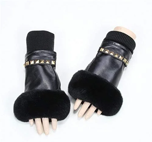 دستکش های بدون انگشت زمستانی زنانه AIJIA، دستکش های چرمی اصل زنانه، دستکش های گرم پوست گوسفند (رنگ: مشکی کامل، سایز دستکش: M)