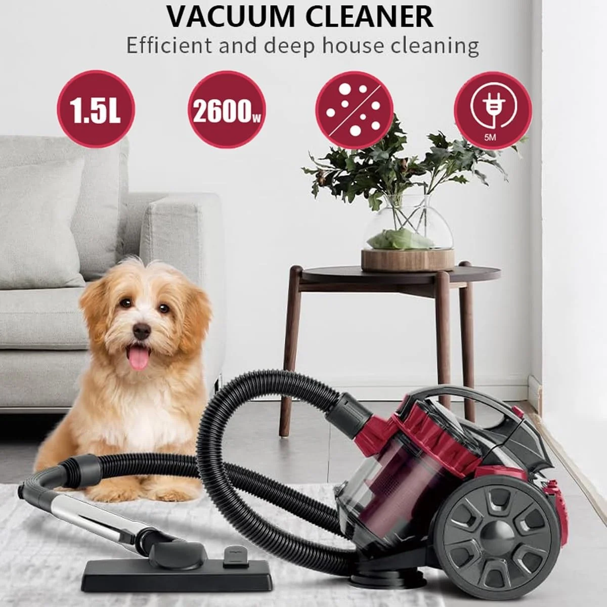 جاروبرقی سطلی بدون کیسه UBCEOPLK، جاروبرقی سایکلونیک سیم دار چند منظوره 2600 وات و تمیز کننده فرش 1.5 لیتری با فیلتر HEPA، سبک و کم صدا با لوله قابل افزایش 1 متری، برای مصارف خانگی