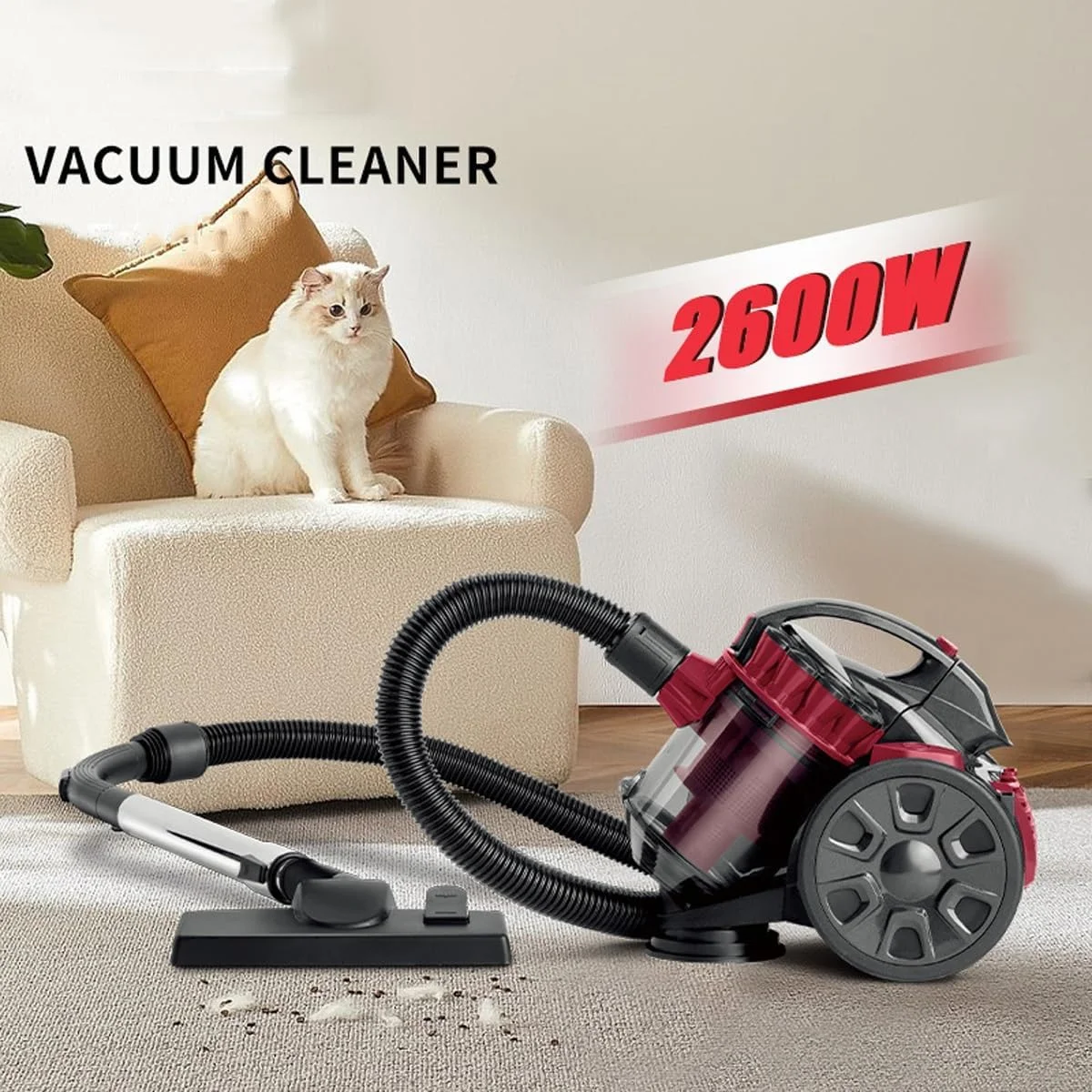 جاروبرقی سطلی بدون کیسه UBCEOPLK، جاروبرقی سایکلونیک سیم دار چند منظوره 2600 وات و تمیز کننده فرش 1.5 لیتری با فیلتر HEPA، سبک و کم صدا با لوله قابل افزایش 1 متری، برای مصارف خانگی