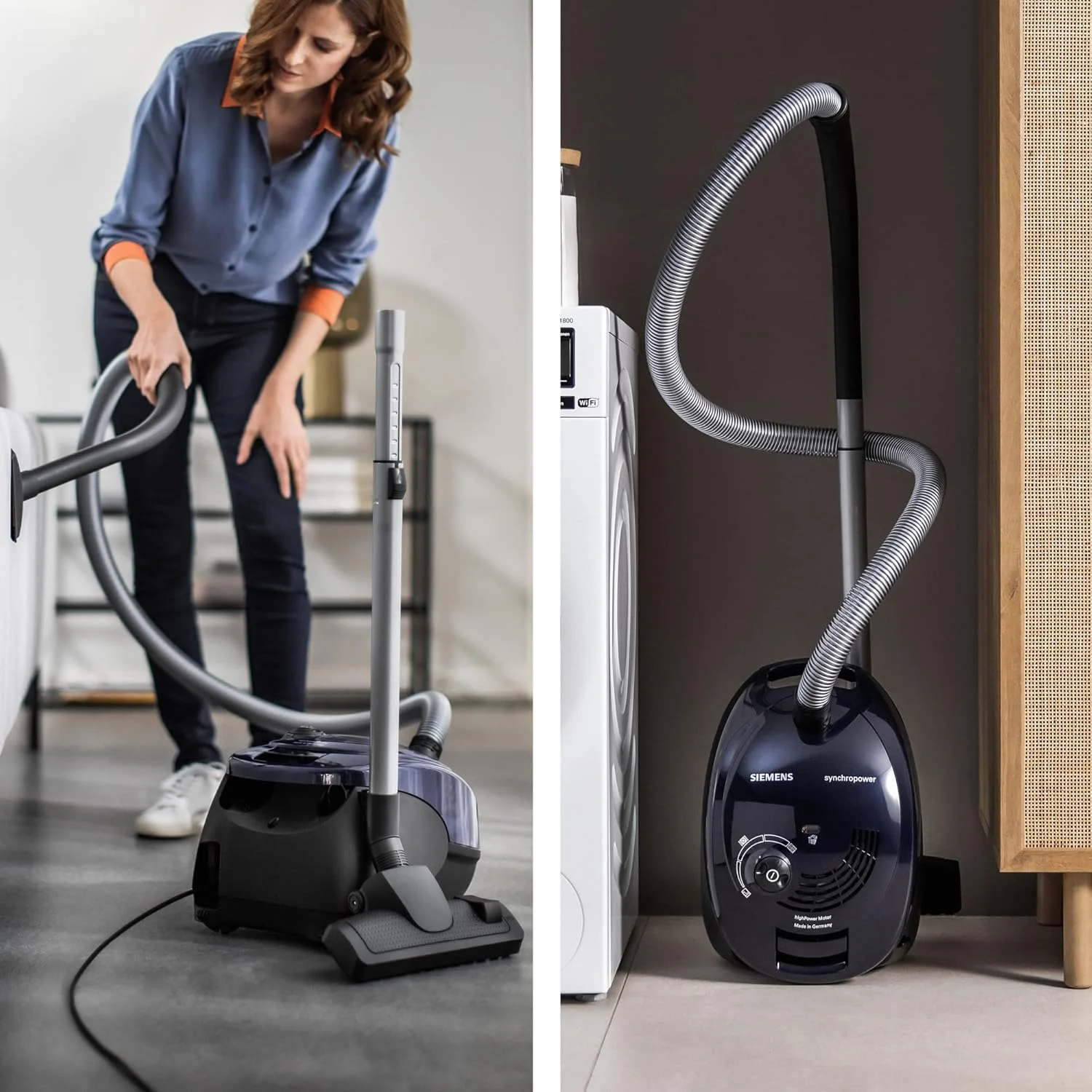 جاروبرقی کیسه ای زیمنس مدل Synchropower VS06A111، جاروبرقی زمینی، فیلتر بهداشتی، نازل کف برای سطوح سخت و فرش، قدرت مکش قوی، کابل بلند، ابزار شکاف، 600 وات، آبی جاروبرقی کیسه ای زیمنس مدل Synchropower VS06A111، جاروبرقی زمینی، فیلتر بهداشتی، نازل کف برای سطوح سخت و فرش، قدرت مکش قوی، کابل بلند، ابزار شکاف، 600 وات، آبی