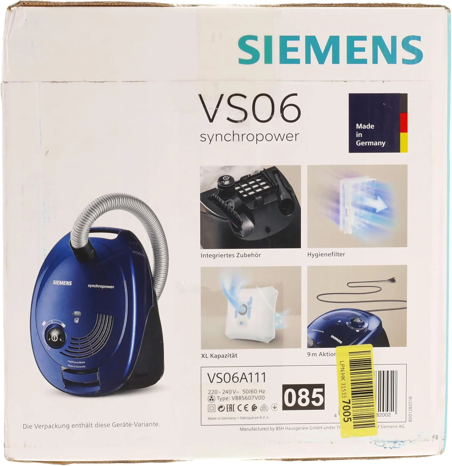 جاروبرقی کیسه ای زیمنس مدل Synchropower VS06A111، جاروبرقی زمینی، فیلتر بهداشتی، نازل کف برای سطوح سخت و فرش، قدرت مکش قوی، کابل بلند، ابزار شکاف، 600 وات، آبی جاروبرقی کیسه ای زیمنس مدل Synchropower VS06A111، جاروبرقی زمینی، فیلتر بهداشتی، نازل کف برای سطوح سخت و فرش، قدرت مکش قوی، کابل بلند، ابزار شکاف، 600 وات، آبی