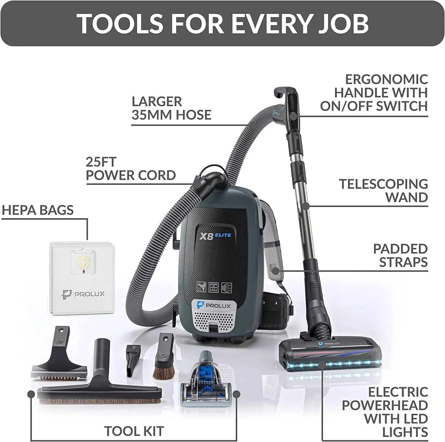 جاروبرقی سطلی کوله پشتی Prolux X8 Elite با بندهای قابل تنظیم چند نقطه ای ممتاز، ابزارهای لوکس و کیت پاورهد جاروبرقی سطلی کوله پشتی Prolux X8 Elite با بندهای قابل تنظیم چند نقطه ای ممتاز، ابزارهای لوکس و کیت پاورهد