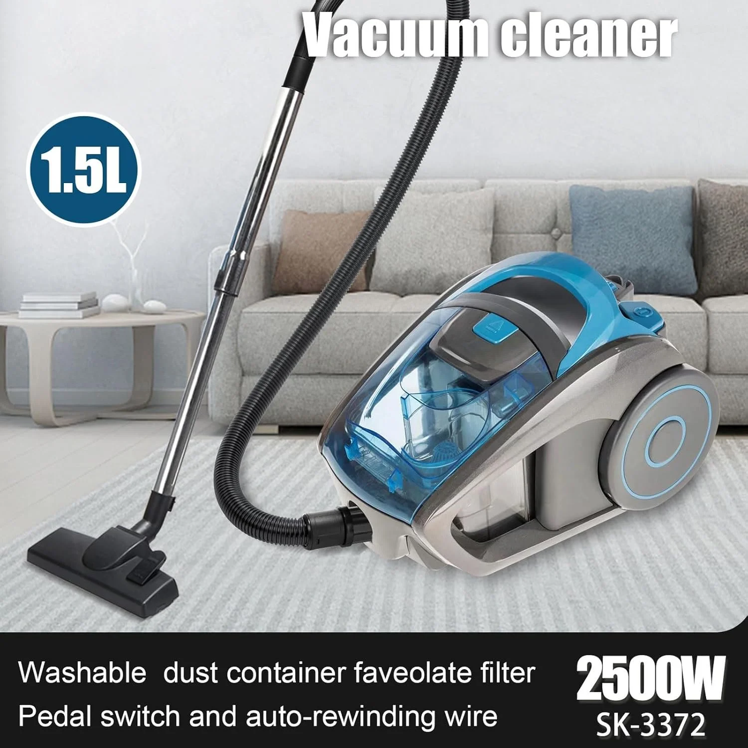 جاروبرقی سبک وزن، جاروبرقی استوانه ای بدون کیسه 1.8 لیتری، جاروبرقی سایکلونی 2500 واتی برای فرش و سطوح سخت با برس چرخشی، کم صدا، برای خانه، کف، فرش، آشپزخانه، مبل، ماشین