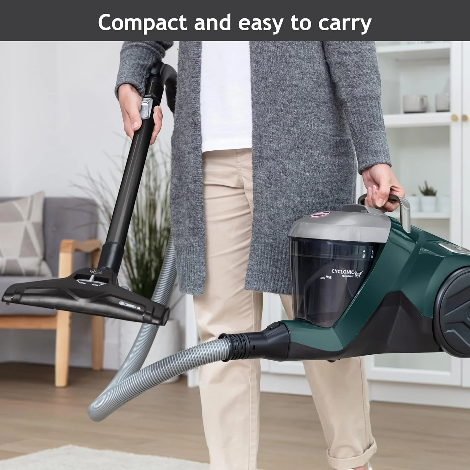 جاروبرقی سطلی هوور H-POWER 300 - سیکلونیک قدرتمند، سبک وزن، دسترسی طولانی و شلنگ کششی اضافی مناسب برای پله ها، فیلتر آلرژی Hepa H13، ظرفیت بزرگ 2 لیتری، بدون کیسه، 850 وات [HP310HM]