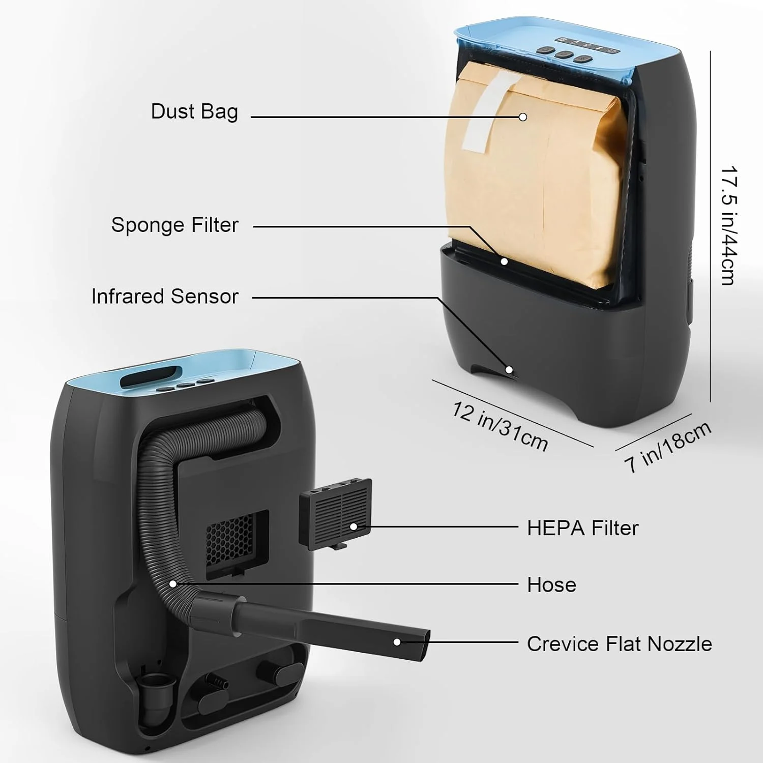 جاروبرقی سطلی اتوماتیک بدون لمس Hiwoor، دارای کیسه و 5 عدد کیسه گرد و غبار یکبار مصرف، سنسور مادون قرمز، هشدارهای LED، لوازم جانبی دستی برای کف/گوشه ها/سالن ها (آبی)