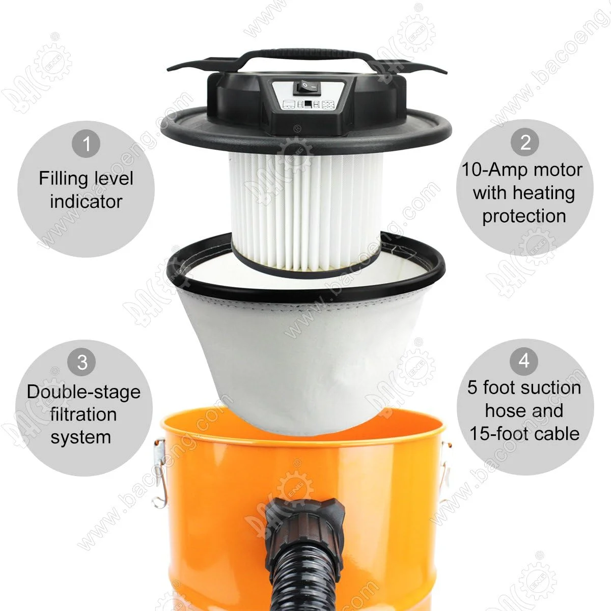 جاروبرقی خاکستر باکوئنگ 1200 وات 20 لیتری - جاروبرقی خاکستر برای اجاق هیزمی با سیستم فیلتراسیون دو مرحله ای، جاروبرقی خاکستر برای اجاق چوب سوز، شومینه، گودال آتش، اجاق گاز و شومینه های فضای باز