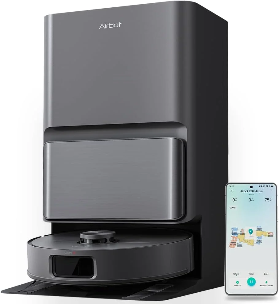 جاروبرقی رباتیک و تی شوی Airbot L50 Master، خشک کردن خودکار/شستشوی خودکار تی/مکش 23000Pa/تخلیه و پر کردن خودکار/تشخیص فرش، بلند کردن تی، اجتناب از موانع، برای موی حیوانات خانگی و فرش، کنترل برنامه Xiaomi Home